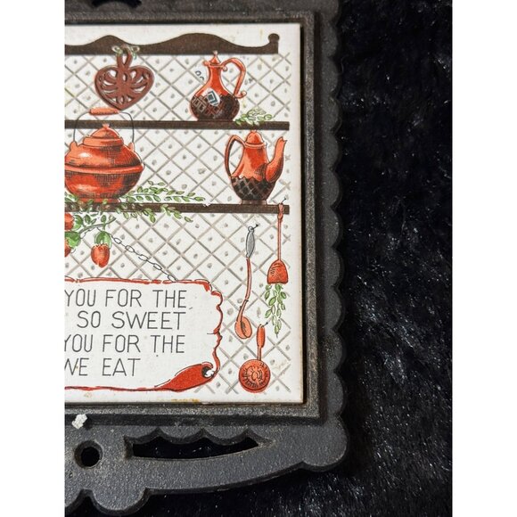 Vintage Cast Iron Trivet With Thank You For The World So Sweet Prayer & Teapot - Picture 3 of 7